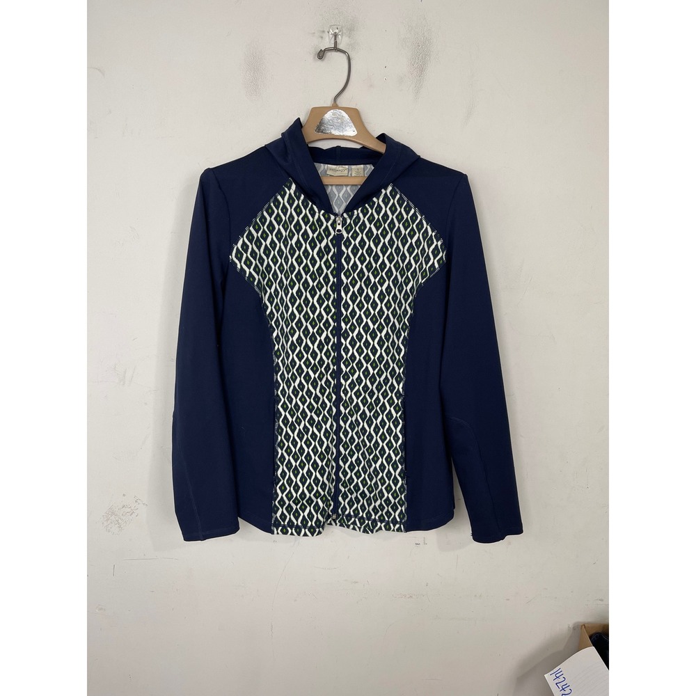 Zenergy by Chico's Navy Blue Geometric Diamond Full Zip‎ Hoodie Jacket Size 1 M